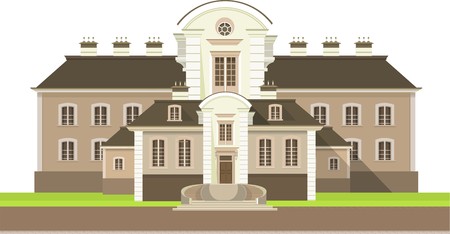 Large country house with flower beds and lawn white background,のイラスト素材
