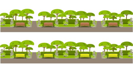 city park on the horizontal bar with benches and trees on a white backgroundのイラスト素材