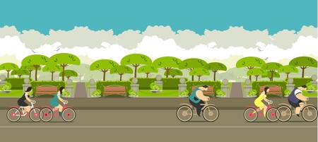 young people ride bikes around the city park with beautiful benchesのイラスト素材