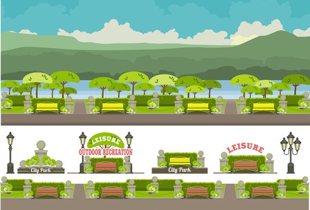 illustration of an urban park in the lane with benches vertekalnoyのイラスト素材