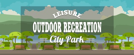 vector illustration of a city park with seating on top of Typographic compositionのイラスト素材