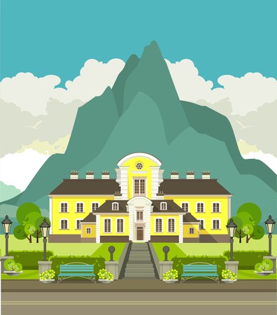 illustration with beautiful mountain area at the foot of the mountain is a beautiful hotel to relaxのイラスト素材