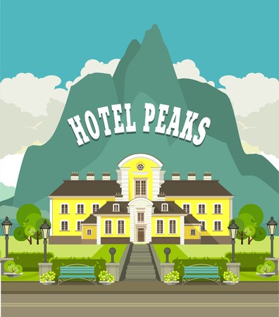 illustration with beautiful mountain area at the foot of the mountain is a beautiful hotel to relaxのイラスト素材