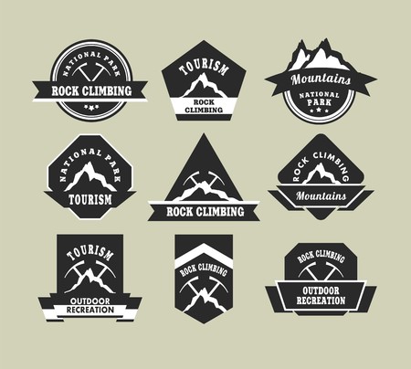 Set of nine vintage badges on the topic of tourism of different shapes in black and white colorsのイラスト素材