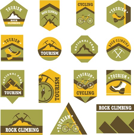 Set of fifteen vintage badges on the topic of tourism of different shapesのイラスト素材