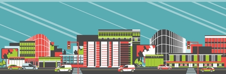 City long street with road and moving vehicles panoramic viewsのイラスト素材