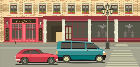 City long street with road and moving vehicles panoramic viewのイラスト素材