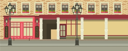 City street with tall buildings panoramic views and shops on the first floorのイラスト素材
