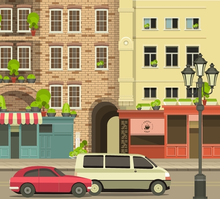 City street with tall buildings panoramic views and shops on the first floorのイラスト素材