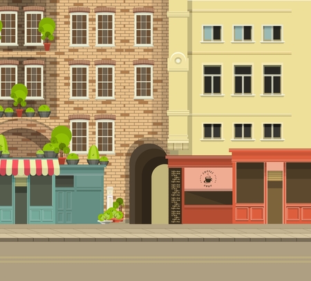 City street with tall buildings panoramic views and shops on the first floorのイラスト素材