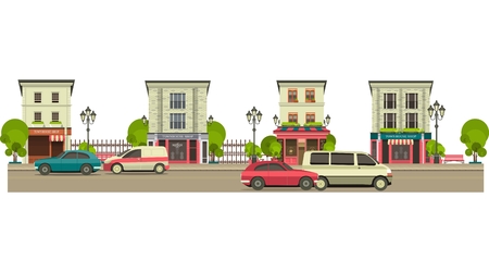 City street with tall buildings panoramic views and shops on the first floorのイラスト素材