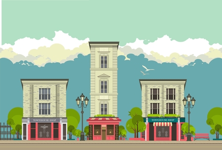 City street with tall buildings panoramic views and shops on the first floorのイラスト素材