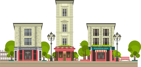 City street with tall buildings panoramic views and shops on the first floor on a white backgroundのイラスト素材