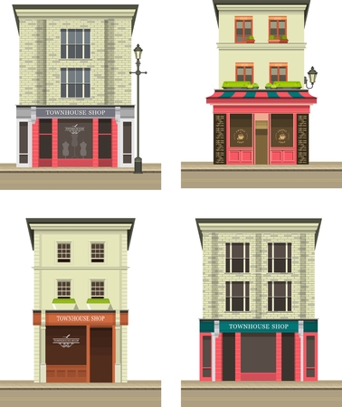 set Illustration storefront on the ground floor of a multistory building shop cafe on white backgroundのイラスト素材