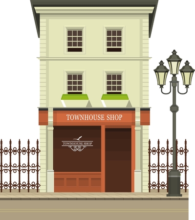 Illustration storefront on the ground floor of a multistory building shop cafe on white backgroundのイラスト素材