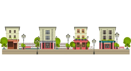 City street with tall buildings panoramic views and shops on the first floor on a white backgroundのイラスト素材