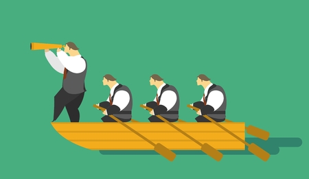 business concept characters businessmen rowing in a boat on the bow of the boat is worth a leader and looking through a telescopeのイラスト素材