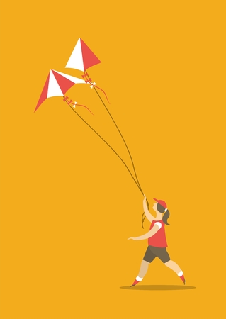 stylized characters girl runs with a rope in his hands in the sky hovering kite posterのイラスト素材
