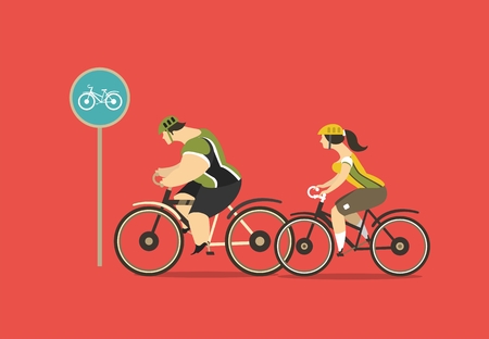 stylized characters group of cyclists, young men and women ride bikesのイラスト素材