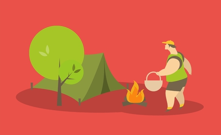 stylized characters tourist goes to the tent near the fire which burnsのイラスト素材