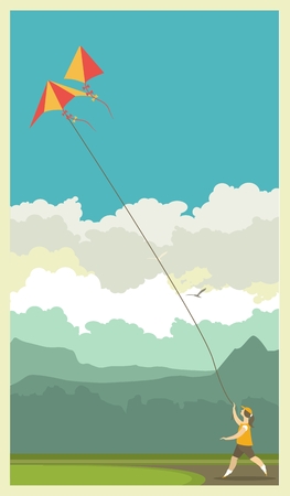 stylized characters girl runs with a rope in his hands in the sky hovering kite posterのイラスト素材