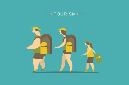 family tourism, young people and family child with a backpack in a campaignのイラスト素材