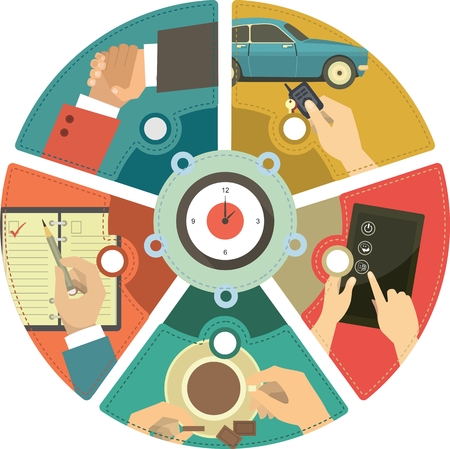 business concept icons located in a circular shape around the clockのイラスト素材