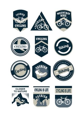 Set of emblems in retro colors on a theme tourism cycling black on a white backgroundのイラスト素材