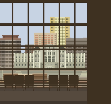 large windows Airport several chairs a nice view on the city buildings in the sky flying aircraftのイラスト素材