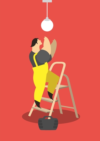 Adult male electrician working in a suit standing on a ladder and repairs lampのイラスト素材