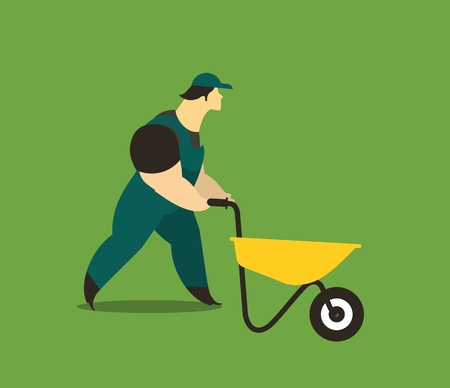 Adult man in a working form at work carries a wheelbarrowのイラスト素材