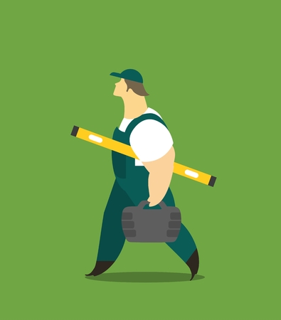 Adult man in a working form at work carries tools and measuringのイラスト素材