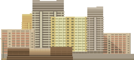 Group of multi-storey buildings on a white background next to the roadのイラスト素材