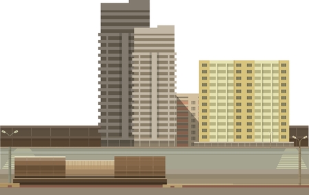 Group of multi-storey buildings on a white background next to the roadのイラスト素材
