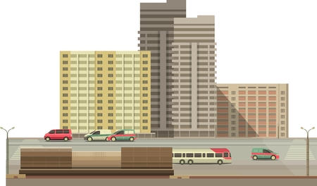 Group of multi-storey buildings on a white background next to the roadのイラスト素材