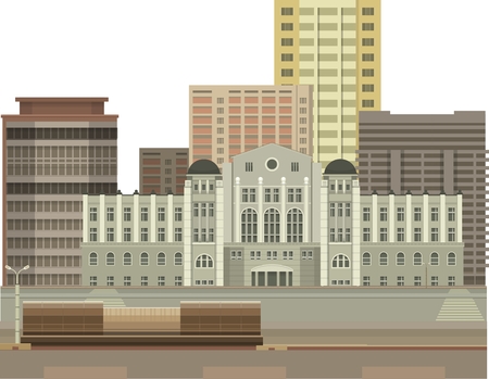 Group of multi-storey buildings on a white background next to the roadのイラスト素材
