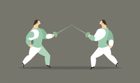 Adult athletes fehtovalischiki a duel with rapiers in suits are fighting