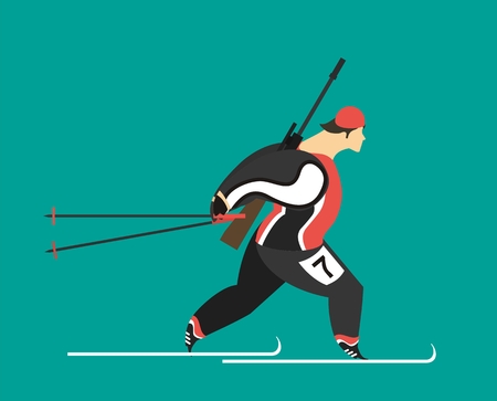 male athlete running biathlon skiing with a rifle on his shoulders on a blue backgroundのイラスト素材