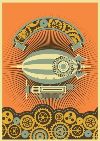 Steampunk poster with a picture of the airship on a background of gears and mechanical componentsのイラスト素材