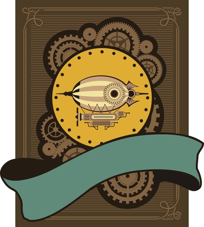 Steampunk poster with a picture of the airship on a background of gears and mechanical componentsのイラスト素材
