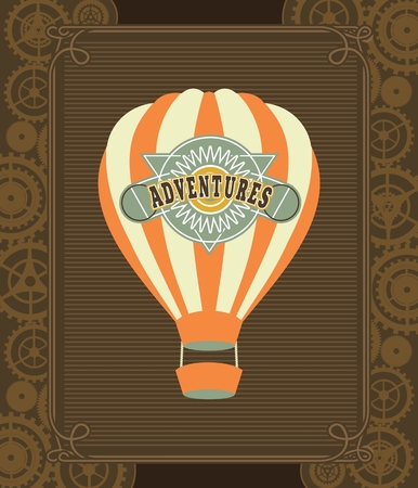 Hot Air Balloon Steampunk on the poster with the mechanical elements and gearのイラスト素材