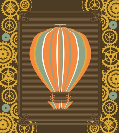 Hot Air Balloon Steampunk on the poster with the mechanical elements and gearのイラスト素材