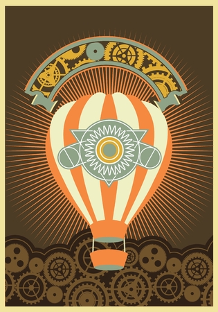 Hot Air Balloon Steampunk on the poster with the mechanical elements and gearのイラスト素材