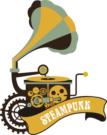 Illustration in the style of steampunk gramophone with gears and mechanisms on a white backgroundのイラスト素材