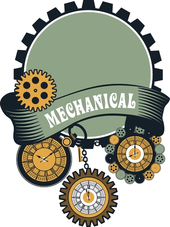 Vector Steampunk mechanical pocket watch elements are interlaced with banners and rotating partsのイラスト素材