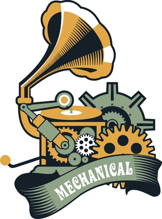 illustration of Steampunk with an antique gramophone mechanical components and rotating parts on a white backgroundのイラスト素材