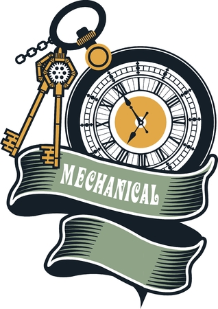 Vector Steampunk mechanical pocket watch elements are interlaced with banners and rotating partsのイラスト素材