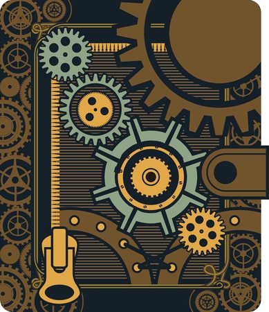 Vector Steampunk mechanical elements and rotating parts in a rectangular shapeのイラスト素材