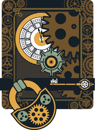 Vector Steampunk mechanical elements and rotating parts in a rectangular shapeのイラスト素材