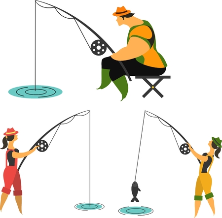 ishermen with fishing rods fishing, man, woman fishing on a white backgroundのイラスト素材